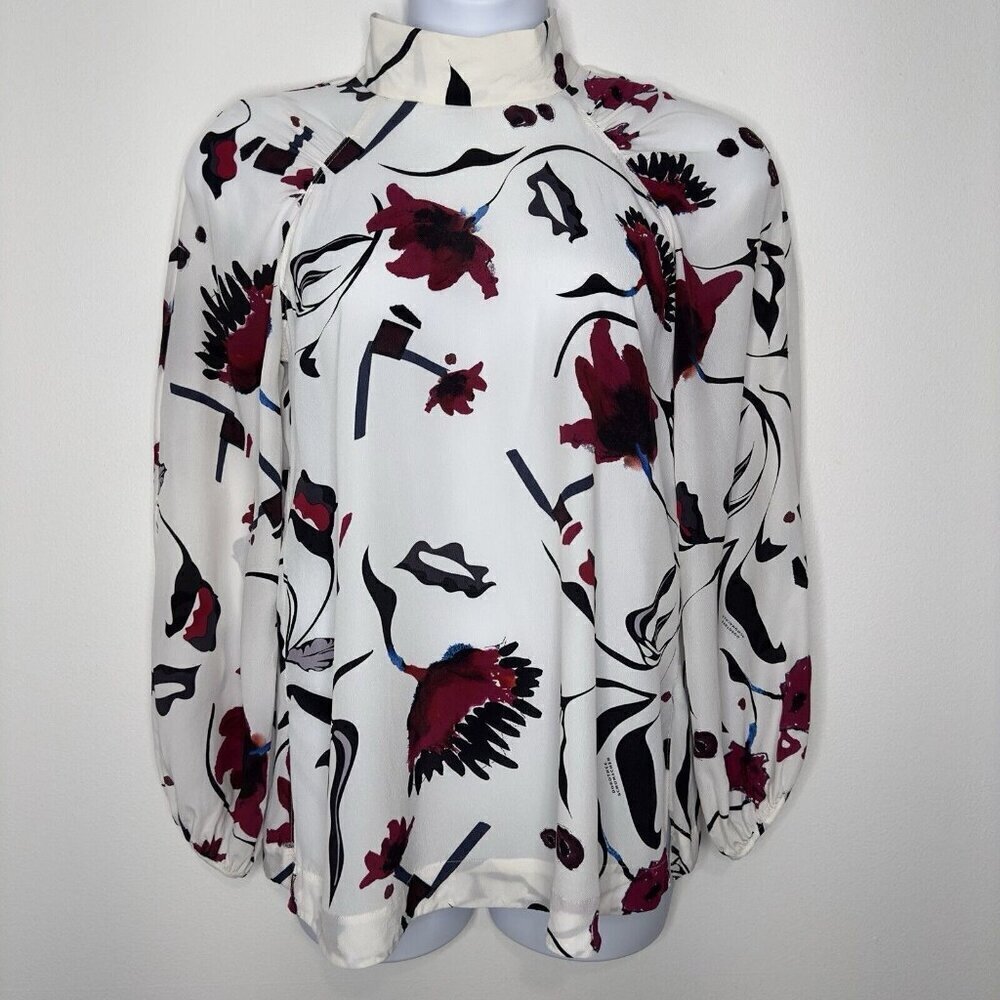 Dorothee Schumacher Blouse Size 3 Mock Neck Floral White Silk Blend‎ White
